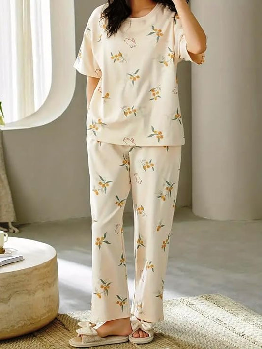 GLASGO Women’s Cotton Pajama Set with Top & Pants|| Korean Night Suit|| Lightweight Printed Set || Soft & Comfy Sleepwear for Girls & Women || LNS-3-$