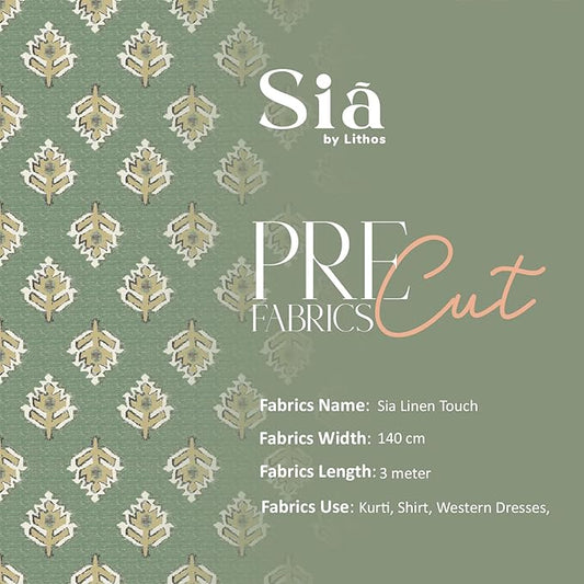 Lithos “Sia” Polyester Linen Touch Fabric – Sage Green Ikat Leaf Print | 140 cm Width | 3 Meter Pre-Cut Fabric for Garments, Upholstery & DIY Projects