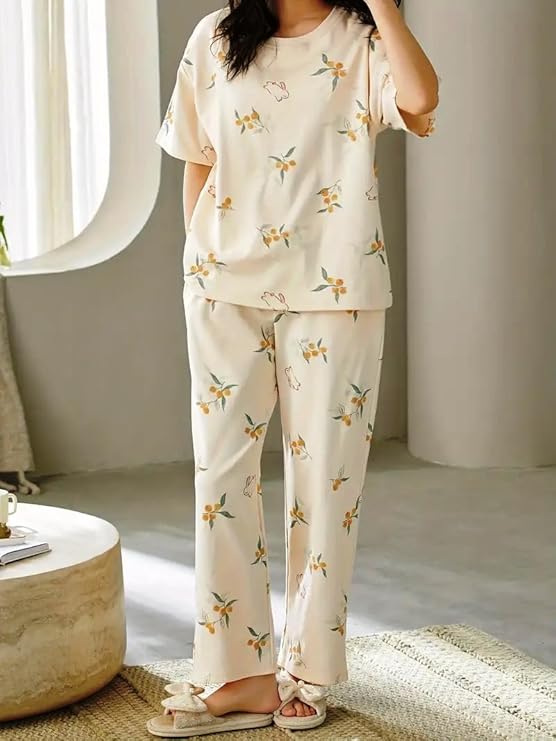 GLASGO Women’s Cotton Pajama Set with Top & Pants|| Korean Night Suit|| Lightweight Printed Set || Soft & Comfy Sleepwear for Girls & Women || LNS-3-$