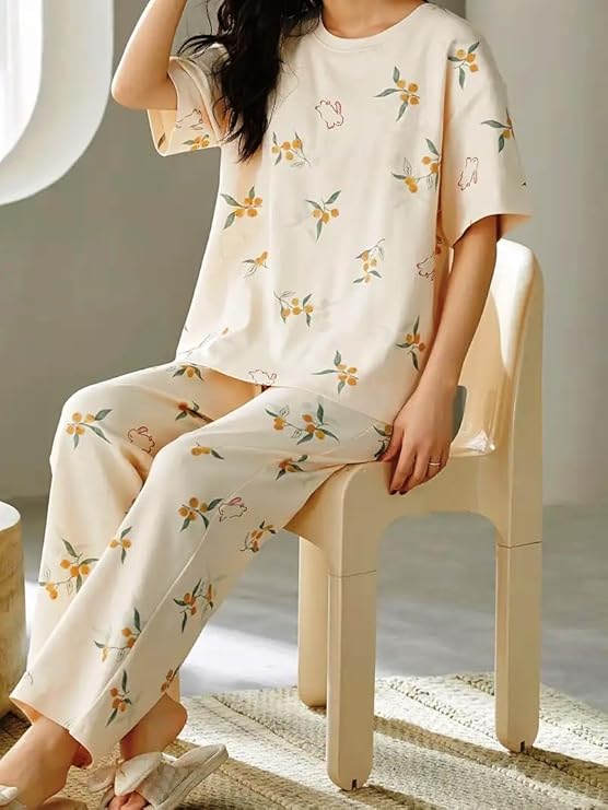 GLASGO Women’s Cotton Pajama Set with Top & Pants|| Korean Night Suit|| Lightweight Printed Set || Soft & Comfy Sleepwear for Girls & Women || LNS-3-$