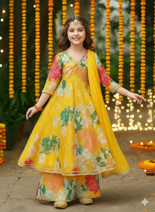 Naixa Girls Rayon Fabric Floral Printed 3/4 Sleeve Sharara Dress Set For All Occasion salwar suit