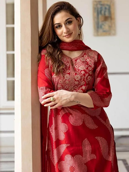 ANNI Designer Bandhani Embroidery Kurta Plazzo Set with Dupatta – Women Kurta Sets for Women | Kurti Set for Women | Suit Set for Women Cotton