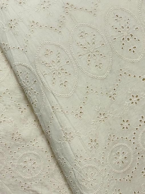 Cotton Eyelet Fabric Floral Embroidered Pattern Cream Schiffli RFD (Ready for Dyeing) Greige Fabric Width : 46" (Cream, 5 mtr)