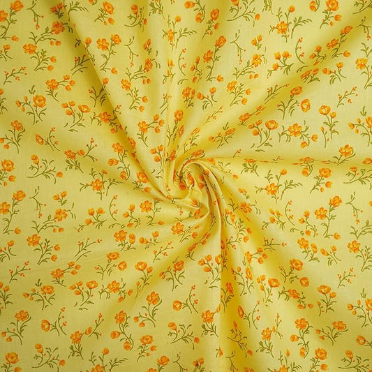 Women's Dyed Pure Cotton Printed Fabric Material Length 2.5 Meters Width ~42 Inches (P.Yellow)