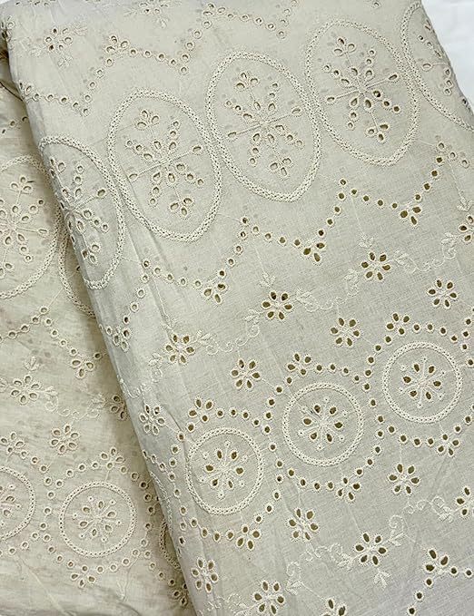 Cotton Eyelet Fabric Floral Embroidered Pattern Cream Schiffli RFD (Ready for Dyeing) Greige Fabric Width : 46" (Cream, 5 mtr)